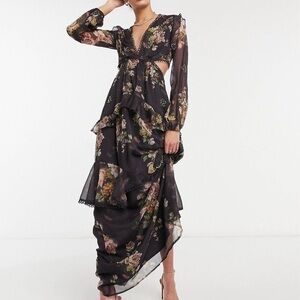 ASOS Black Floral Sheer Cutout Tiered Maxi Dress